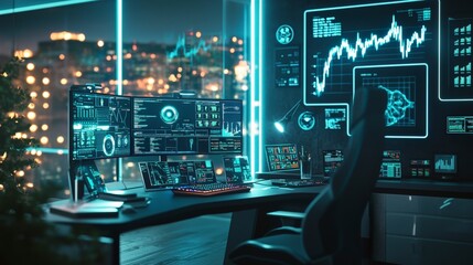 Aufkleber - Futuristic trading workspace with holographic displays urban high-rise digital art nighttime immersive technology experience