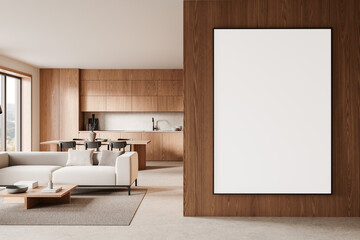 Wall Mural - Minimalist interior design with blank poster frame on wooden wall in modern dining and living room. 3D Rendering