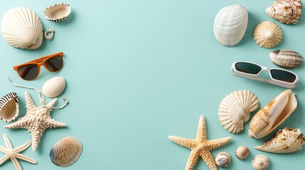 Wall Mural - Seashells and sunglasses arranged on a teal background, evoking a beach theme.