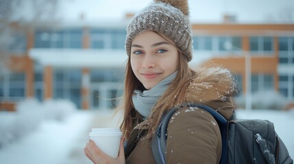 Wall Mural - Winter, on the territory of the modern campus, there is snow. A beautiful female student stands with a paper cup of coffee.