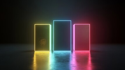 Poster - Neon Glowing Boxes in Dark Room with Reflections on Floor