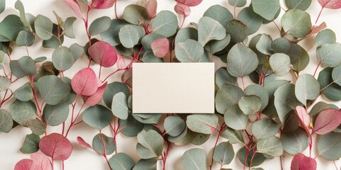Wall Mural - White Card with Green and Red Leaves