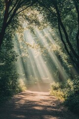 Wall Mural - Sunlight filtering through forest trees