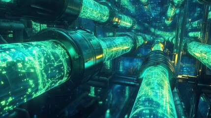 Fototapete - Dynamic funding pipelines flowing through a futuristic cityscape visual data representation high-tech environment