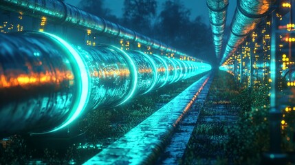Leinwandbilder - Dynamic funding pipelines flowing through a futuristic landscape at night digital artwork technology concept