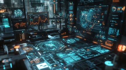 Fototapete - Innovative digital interface for business analytics tech hub dashboard visualization urban environment high-tech viewpoint