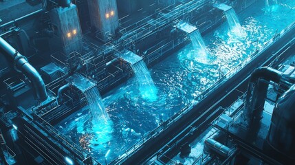Poster - High-tech water purification process industrial facility technology urban environment aerial view innovation insights