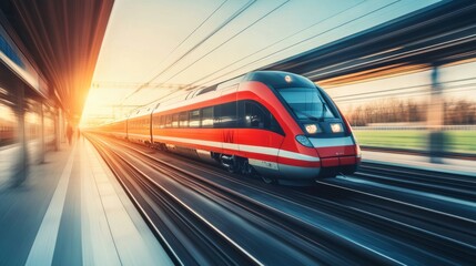Aufkleber - Fast Train in Motion at Sunset with Blurred Background Effect