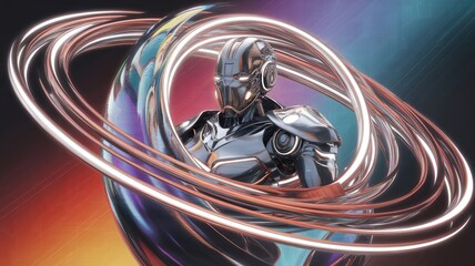 Wall Mural - abstract vibrant circular lines encasing a metallic robot figure, ai and business synergy with glowi