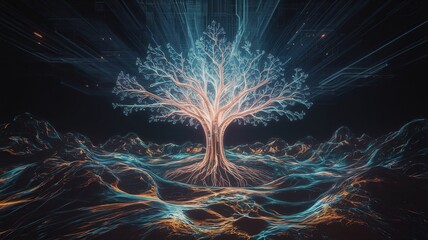 Wall Mural - a hyperrealistic forest sanctuary where giant bioluminescent trees glow in shades of blue and green