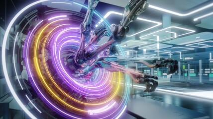 Wall Mural - abstract colorful circular lines with luminous ai circuit designs