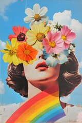 Sticker - A pop art collage of a young woman with flowers growing out from her face