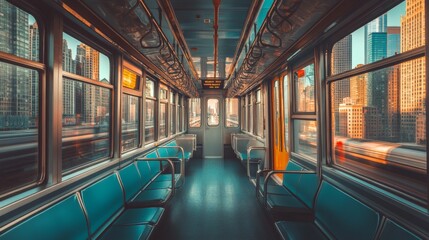 Poster - Empty Train Interior with Cityscape Views at Sunset Glow