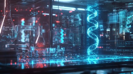 Poster - Innovative biomedical research lab futuristic setting visual data analysis high-tech environment science concept