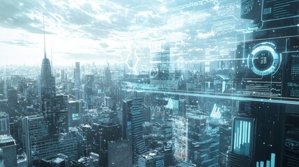 Fototapete - Futuristic eco-cityscape urban technology global environment digital art aerial view innovation in sustainability