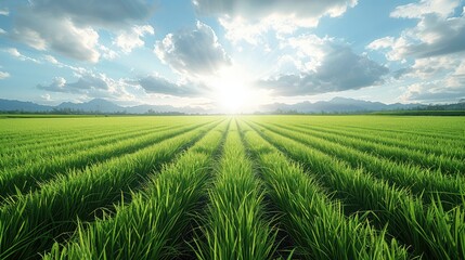 Wall Mural - Green rows of rice paddy fields stretch into the horizon against a sunny sky.