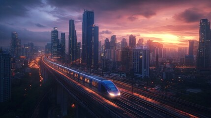 Poster - Modern Train Journeying Through Urban Landscape at Sunset Hour