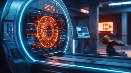 Poster - High-tech lab features advanced medical scanner close-up of glowing data in a futuristic digital imaging environment