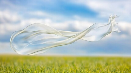 Aufkleber - Flowing White Fabric Against Blue Sky and Green Grass Landscape