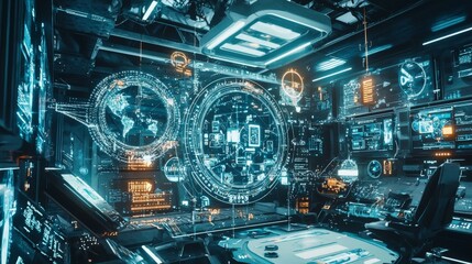 Fototapete - Futuristic digital command center a high-tech virtual space visualization from a bird's eye view of innovation