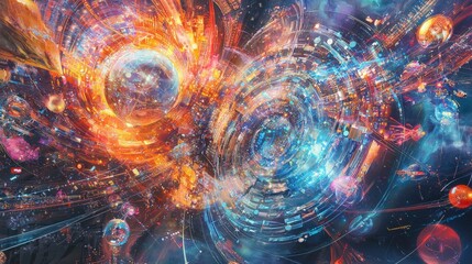 Aufkleber - Cosmic convergence visualizing advanced digital ecosystem outer space abstract art digital environment aerial perspective