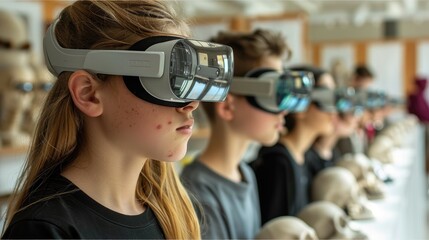 Poster - Students view historical events or scientific concepts through AR glasses, integrating the virtual world with the real world.