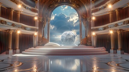 Poster - A huge circular stage, with luxurious decorations hanging from the top of the scene, luxurious decorations placed on both sides.