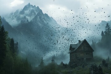 Wall Mural - Foggy mountain, birds swarming, lone cabin, figures below.