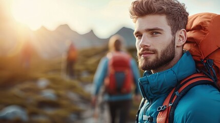 Wall Mural - A group of friends hiking together on a scenic mountain trail, enjoying the benefits of fresh air, exercise, and social connection.