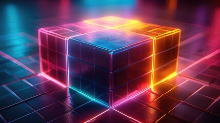 Poster - An isometric grid of hexagonal prisms, blending vibrant gradients of magenta, cyan, and yellow, with crisp edges and glowing accents, creating a modern and energetic 3D effect.