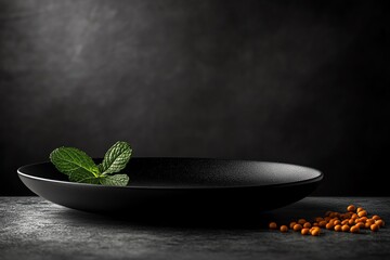 Wall Mural - Black plate with a sprig of mint on a dark background with orange seeds scattered nearby.