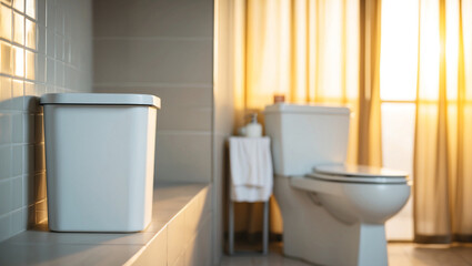 A minimalist white bathroom bin placed near the edge of a tiled wall. The blurred background features a toilet and bathroom accessories.