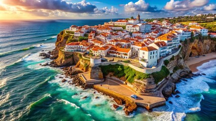 Wall Mural - Portugal Skyline Panorama Drone Photography, Lisbon Aerial View, White Background, Algarve Coastline