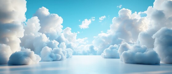 Wall Mural - Stunning Interior View Featuring White and Blue 3D Clouds in a Bright Room with a Clear Sky Atmosphere Perfect for Creative Projects