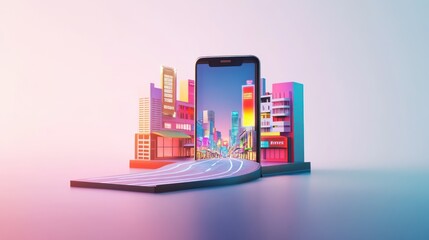 Cityscape emerging from smartphone screen.