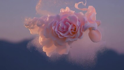 Fototapete - floating pink rose surrounded by soft pastel colors at sunset over mountainous backdrop