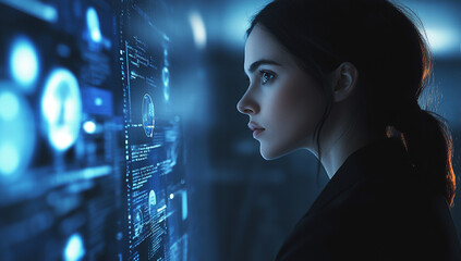 Side view of an AI engineer woman in a dark suit, displaying data and code on her digital interface