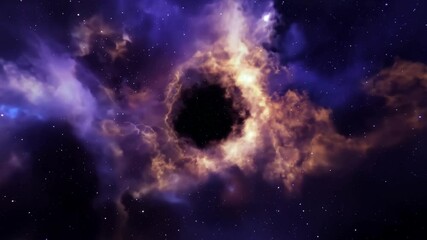 a mesmerizing black hole surrounded by swirling clouds of orange and blue light in a vast deep space