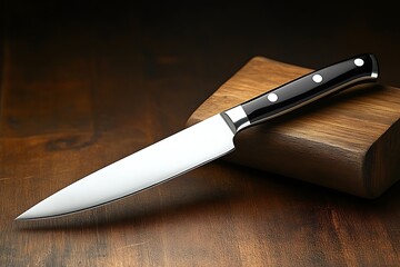 Steel knife with brown wooden handle on white background isolated close up, big chef knife, sharp stainless blade, silver metal butcher knife, kitchen utensil, cutting tool, dangerous weapon