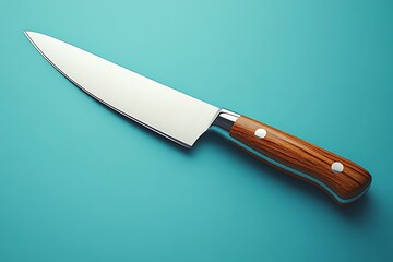 Steel knife with brown wooden handle on white background isolated close up, big chef knife, sharp stainless blade, silver metal butcher knife, kitchen utensil, cutting tool, dangerous weapon