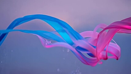 Fototapete - Delicate waves of blue and pink ribbons dance gracefully in a serene sky setting during a calm evening
