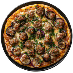 Wall Mural - Top view of sausage and eggplant pizza on a dark ceramic plate isolated on a white transparent background