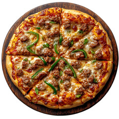 Wall Mural - Top view of sausage and green pepper pizza on a dark wooden board isolated on a white transparent background