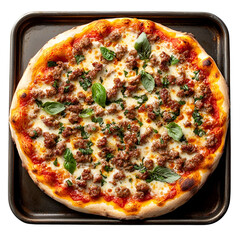 Wall Mural - Top view of sausage and ricotta pizza on a dark stainless steel tray isolated on a white transparent background