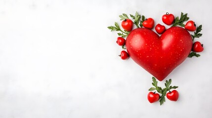 Wall Mural - A vibrant red heart surrounded by cherry tomatoes and green leaves on a white background, symbolizing love and freshness.