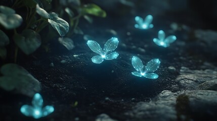 Wall Mural - Enchanted Glowing Butterflies on Forest Floor Surrounded by Lush Greenery and Soft Illumination