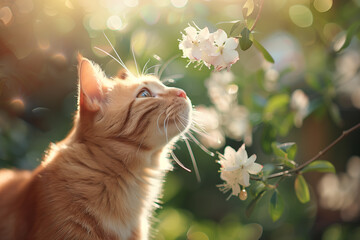 Cat pet on a sunny day in nature against a background of flowers