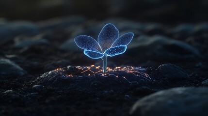 Wall Mural - Futuristic Glowing Plant Growing from Soil, Emitting Blue Light Amidst Dark Environment and Stones