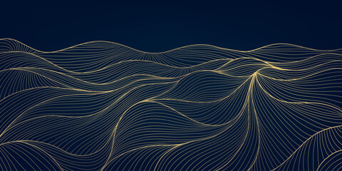 Aufkleber - Vector art deco line wave pattern, gold on blue elegant texture, abstract wavy shapes. Premium illustration template, fancy dark copper graphic.
