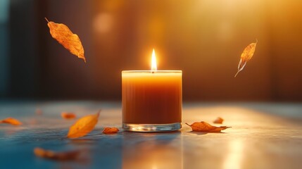 Wall Mural - Warm Autumn Candle with Falling Leaves. Generative AI